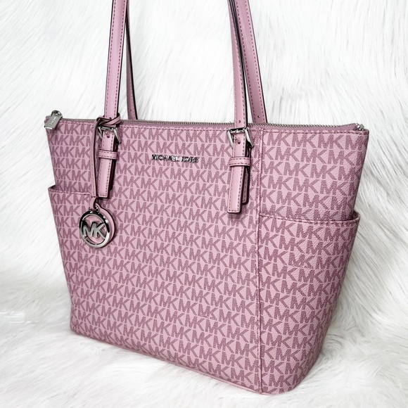 SOLD-Michael Kors Pink MK Logo Zip Top Shoulder Jet Set East West Tote Bag Med - Picture 3 of 9